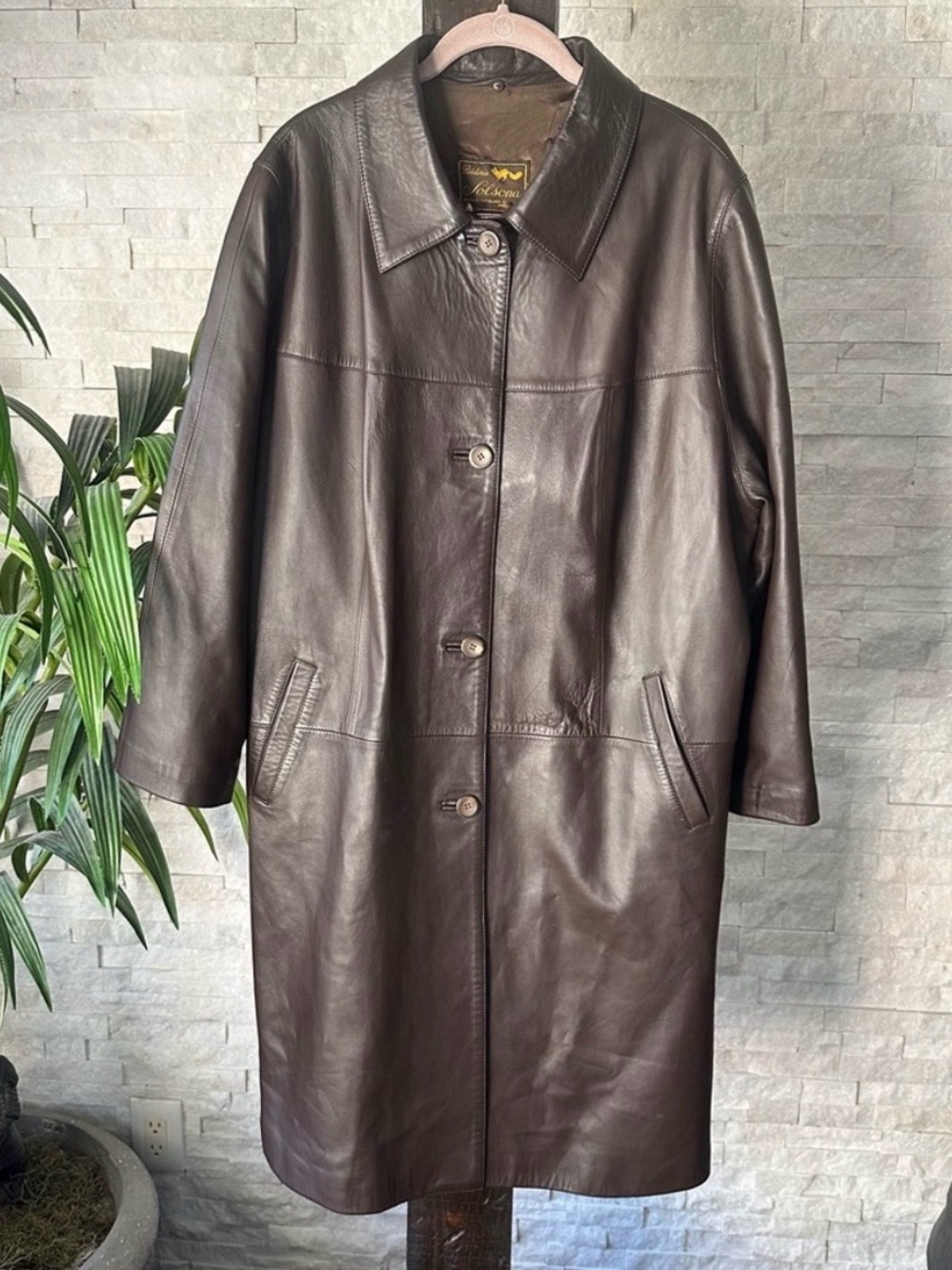 Vintage Solsona Brown Genuine Leather Long Coat 52 Y2K 90s Minimalist Mobwife - Picture 9 of 10